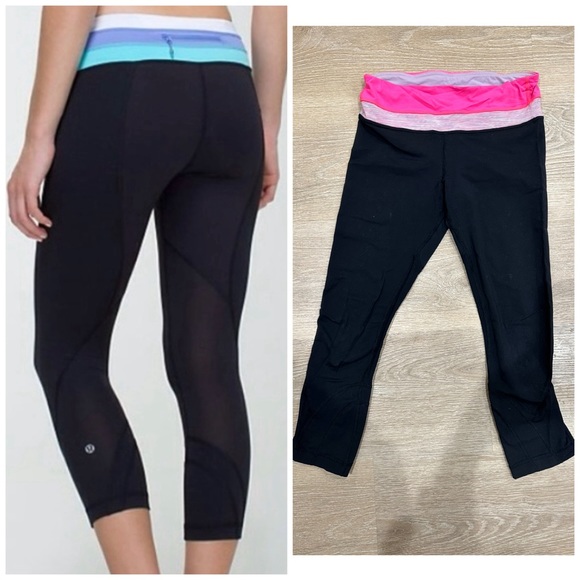 Lululemon Run Inspire Crop Leggings Black & Pink - Picture 1 of 6